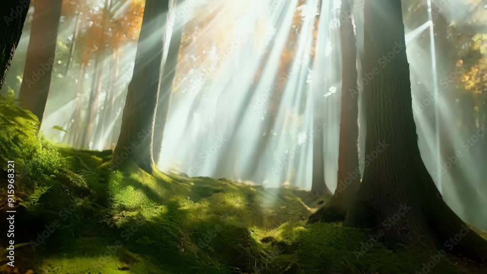 Poster the forest floor is bathed in a soft ethereal light as the sunbeams filter through the towering tree