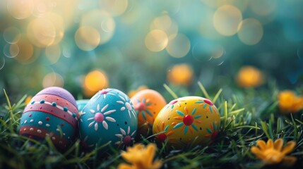 Colorful decorated Easter eggs nestled in lush grass, surrounded by vibrant yellow flowers and a soft, dreamy bokeh background.