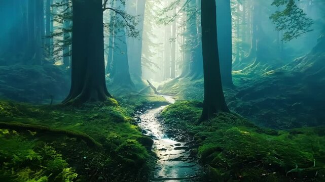 The sunbeams create a natural pathway leading the eye deeper into the mysterious and enchanting forest.