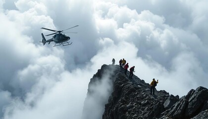 Fototapeta na wymiar Climbers stranded on a steep peak, thick clouds swirling as they signal for help. A rescue helicopter emerges from the mist, hovering near the summit.