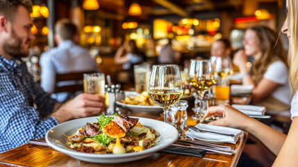 blurred image of customers in a restaurant, highlighting the lively atmosphere and social interactions, with a focus on the background ambiance and dining experience