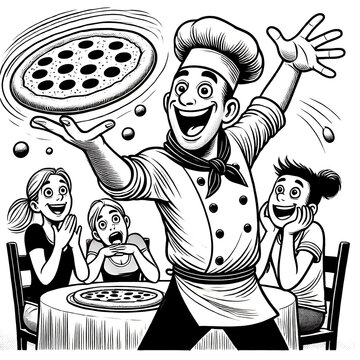 A pizza maker demonstrates his skills to his customers.