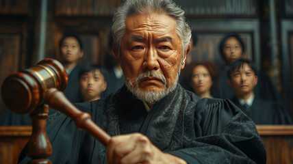 Fototapeta premium an asian judge striking with his gavel in a courtroom.generative ai