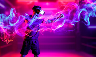 Man wearing VR glass and smashing or punching at camera in neon boxing arena. Sport gamer boxing and moving gesture in metaverse or virtual world while using digital technology innovation. Deviation.