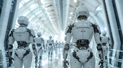 A group of humanoid robots walking down a futuristic white corridor, seen from behind.