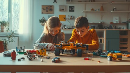 Unschooling siblings enthusiastically building a robot together, tools and components scattered on a spacious table, in a well-lit room, focused on STEM learning and teamwork.