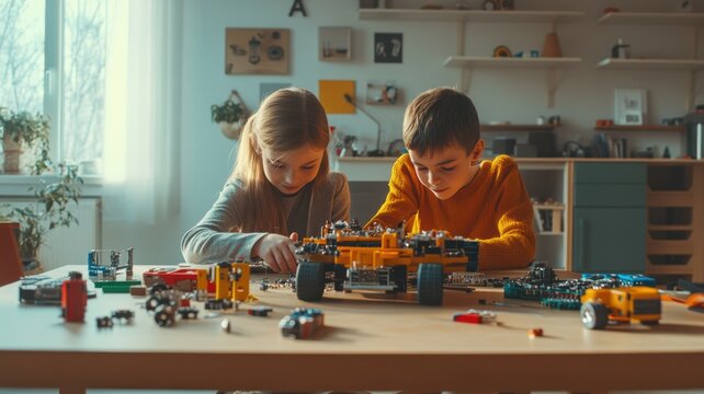Unschooling siblings enthusiastically building a robot together, tools and components scattered on a spacious table, in a well-lit room, focused on STEM learning and teamwork.