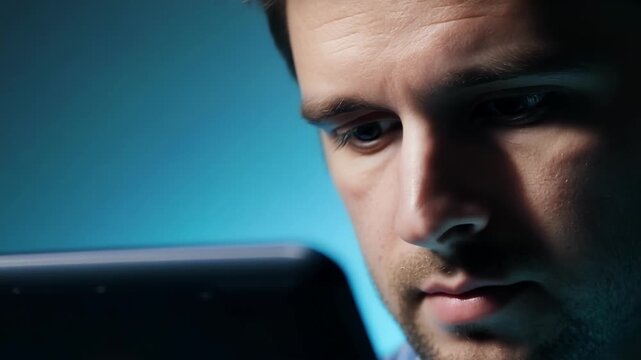 Low angle shot of a software tester looking down at a tablet their face illuminated by the glow of the screen.