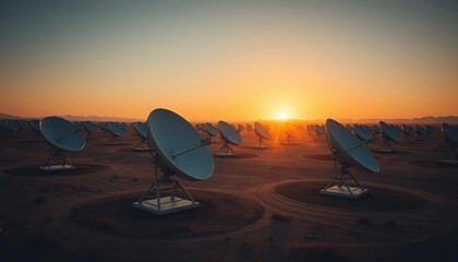 huge satellite dishes at the open field and sky	

