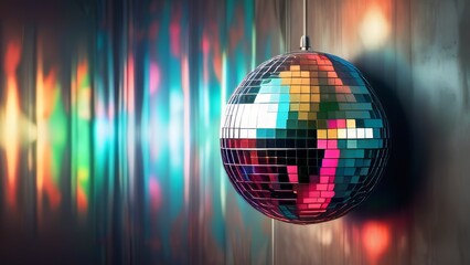 Obraz premium A disco ball is hanging from a wall, with a colorful light shining on it
