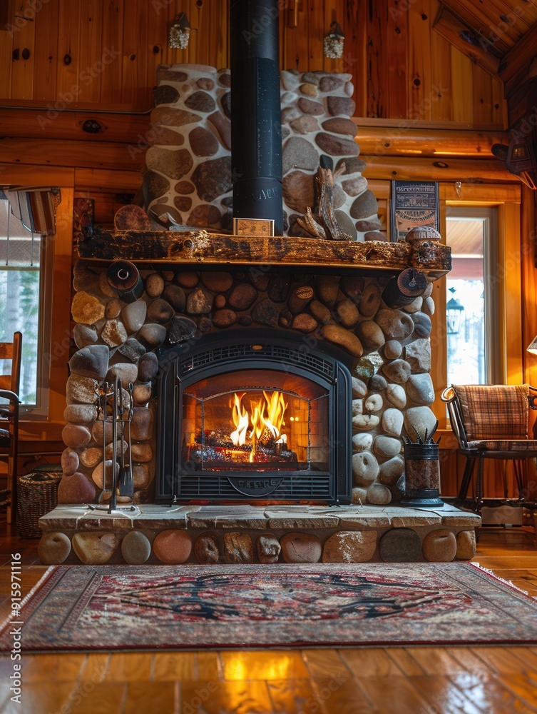 Aufkleber the warm glow from the fireplace fills the cozy cabin with light, creating an inviting atmosphere fo