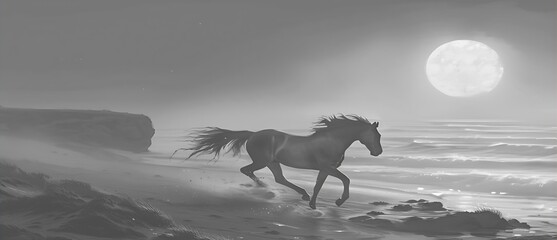  A horse running with long hairs trailing in the wind, the full sun setting over the ocean. Art 