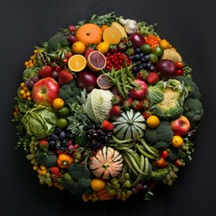 Vibrant and diverse assortment of fresh fruits and vegetables arranged in a circular pattern. Perfect for healthy eating concepts, food blogs, and nutrition-themed designs. AI