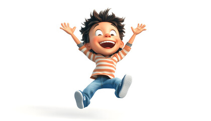A joyful illustration of a boy jumping with hands up, smiling and laughing, captured in 3D style on a white background. Expressing youthful excitement