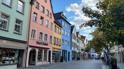 Beautiful old buildings and shops in Rosenheim's old town on September 1, 2023. Rosenheim, Germany