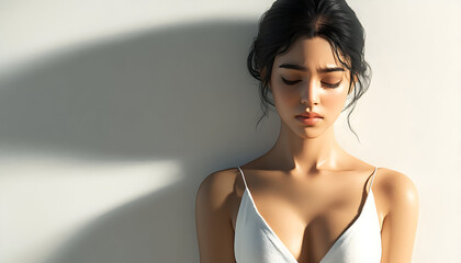 An illustration of a sad, stressed young Indian woman in a white dress, designed in 3D on a light background. Showcasing human emotions