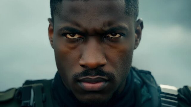 A closeup of the Defenders face filled with determination and bravery as they lead a group of soldiers in a battle against a powerful alien army.