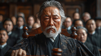 Obraz premium an asian judge striking with his gavel in a courtroom.generative ai