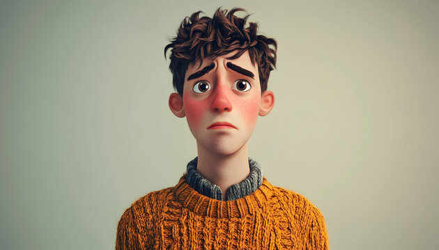 Illustration of a sad, stressed, and disappointed young man wearing a shirt and sweater, presented in 3D style on a light background. Emotional human expression concept