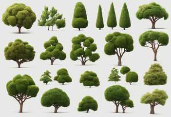 Collection of 3d cartoon clipart bush trees isolated on white and transparent background