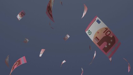 Ten Euros, fluttering cascade falling simplified banknotes, cash money, loop with luma mattes, European currency