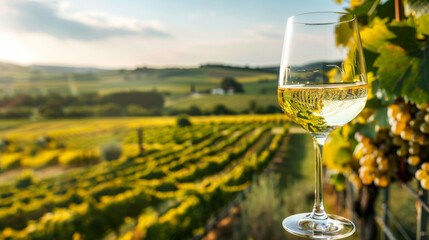 Fototapeta premium A glass of white wine is poured against a backdrop of a vineyard on a sunny day. The concept of winemaking is evoked, leaving ample space for additional text.