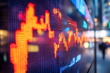 A close-up of a stock market screen showing a red, declining graph, representing a market crash or financial downturn. Perfect for finance and economic visuals.