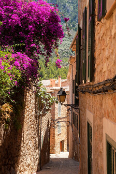 Empty street in traditional village of Biniaraix, Soller, Serra de Tramuntana mountains, Majorca, Balearic Islands, Spain