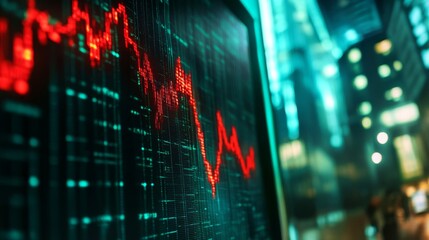 A close-up of a stock market screen showing a red, declining graph, representing a market crash or financial downturn. Perfect for finance and economic visuals.