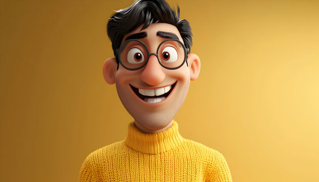 Illustration of a smiling, funny Indian adult man wearing a yellow sweater, portrayed as a 3D cartoon character on a light background. Human emotions and expressions concept