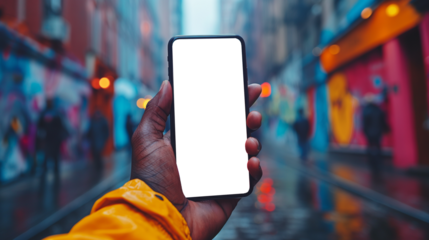 Hand holding smartphone with copy space on urban street. The image is oriented in width and there is free space in the screen for your own content.