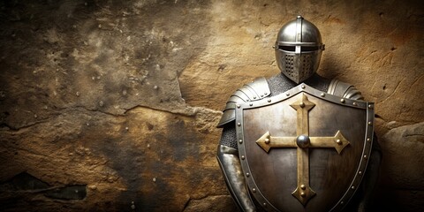 Powerful image featuring Armor of God with a metallic shield and cross design against a rugged background, Armor of God