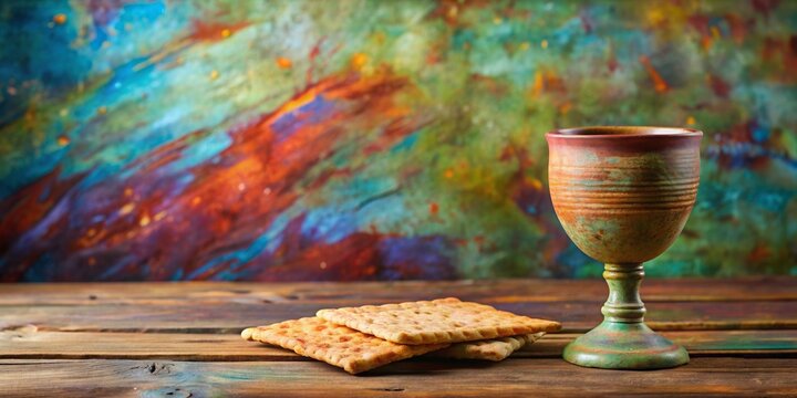 Colorful abstract painting of a clay chalice and unleavened bread on an old wooden table, abstract art