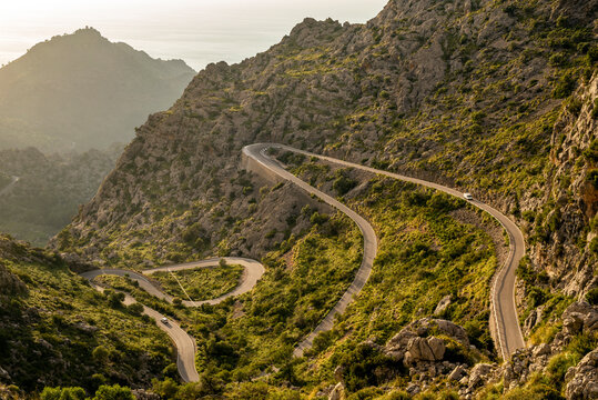 Winding road (Ruta de Sa Calobra) through Serra de Tramuntana mountains to Sa Calobra, Majorca, Balearic Islands, Spain