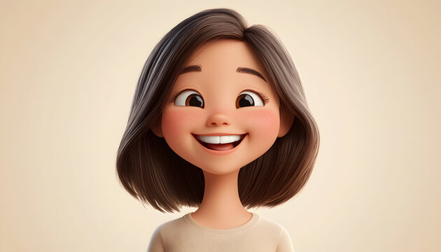 Joyous Asian girl with brown hair, smiling in a 3D cartoon-style illustration on a light background. Human emotion and expression concept