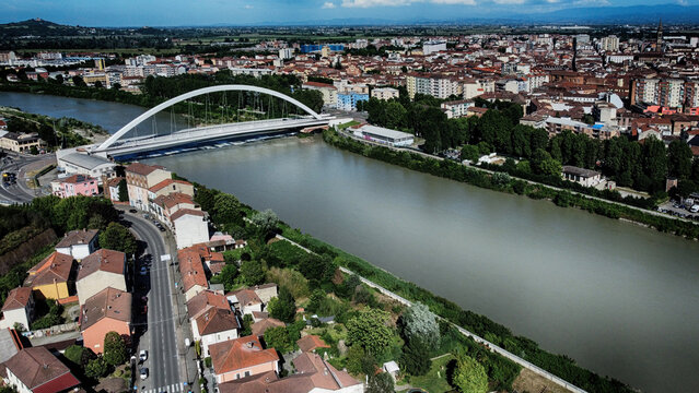 Aerial view of a Meier bridge across the Tanaro River, Alessandria, Piedmont, Italy