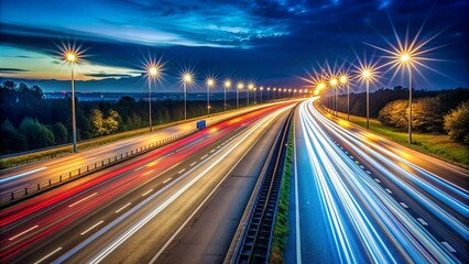 A highway at night with car lights streaking by, creating a sense of motion and adventure, highway, night, road, travel, transportation