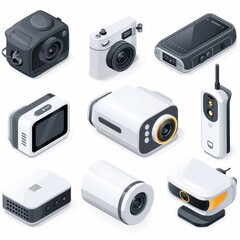 A set of trendy isometric illustrations of modern and retro cameras, action cameras, camcorders, video cameras, and webcams. The perfect addition to your next creative project.