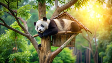 Obraz premium of a sleeping panda bear in a tree with a birdhouse above it, Panda, bear, sleeping, tree, birdhouse, wildlife, nature