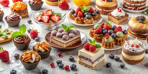 Assortment of delicious desserts on a light background, desserts, assortment, bakery, treats, sweets, pastries, confections