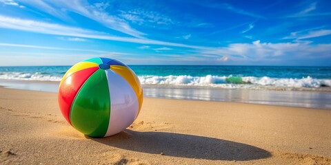 Obraz premium Colorful inflatable beach ball on a sandy beach, beach, ball, inflatable, colorful, vacation, summer, fun, recreation, round, toy