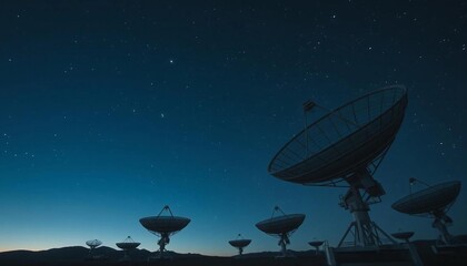 Obraz premium A network of large satellite dishes silhouetted against the night sky, antennas pointed toward stars, transmitting and receiving data from space. 