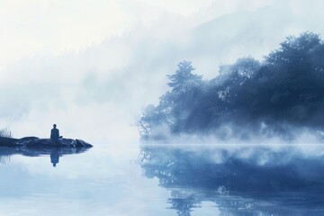 Fototapeta na wymiar Serenity by the lakeside, a person meditates in morning mist