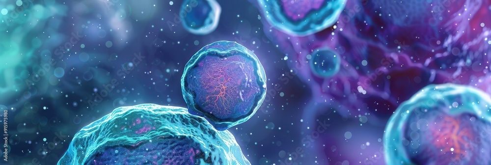 Aufkleber a close-up view reveals cellular structures, highlighting nuclei and dna strands against a colorful 