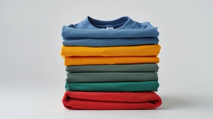 Clothing is organized in a neat stack featuring various bright colors against a simple backdrop