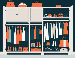 Vector illustration of wardrobe with stylish clothes, shoes and bags 
