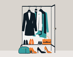 Vector illustration of wardrobe with stylish clothes, shoes and bags 