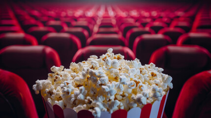 Enjoy a movie with a bucket of popcorn in a dark theater filled with red seats. Watch an action, thriller, or sci-fi film on the screen. See the film from the spectator's point of view.