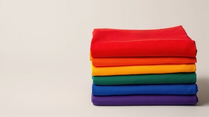 Vibrant towels in a rainbow of colors are neatly stacked in a simple arrangement