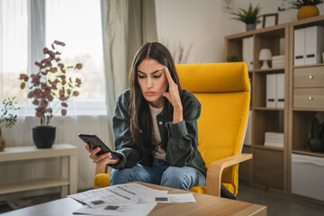 Worried adult woman think and calculate how to pay domestic finances